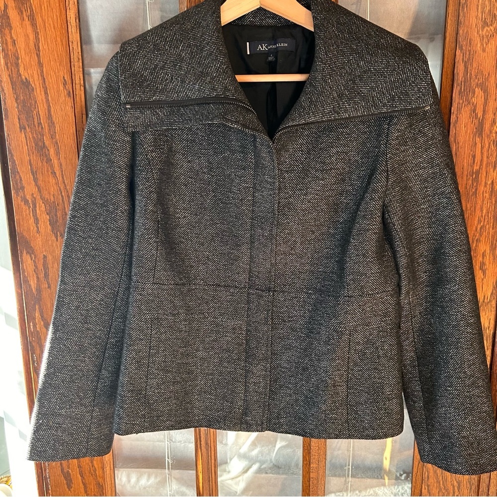 Anne Klein‎ Blazer size 4 Zip Up Black White Metallic Jacket Wool Blend